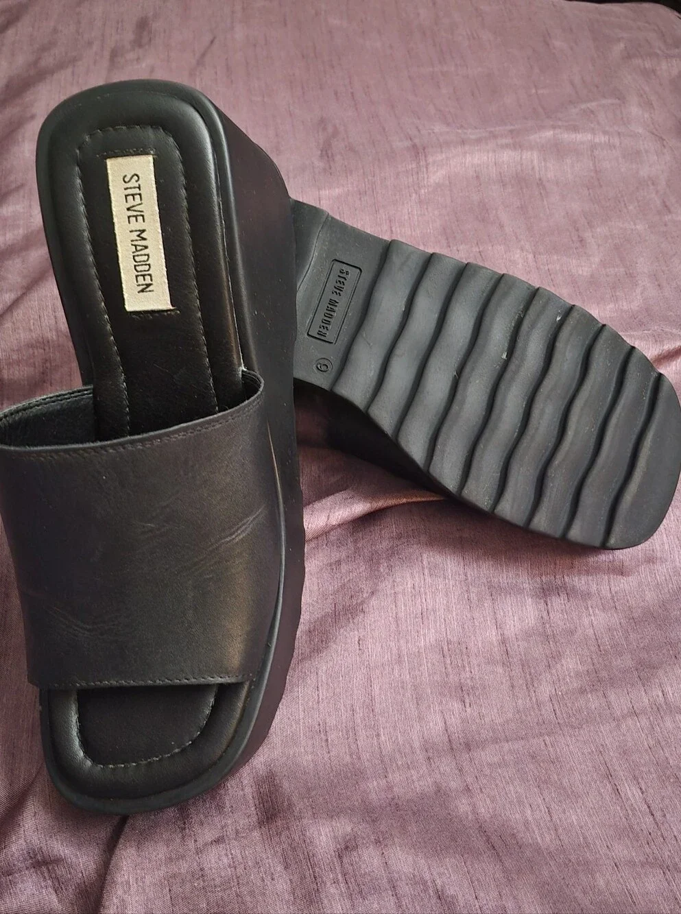 Steve Madden Pepe30 Black Leather Platform Wedge Slide Sandals Size 9
